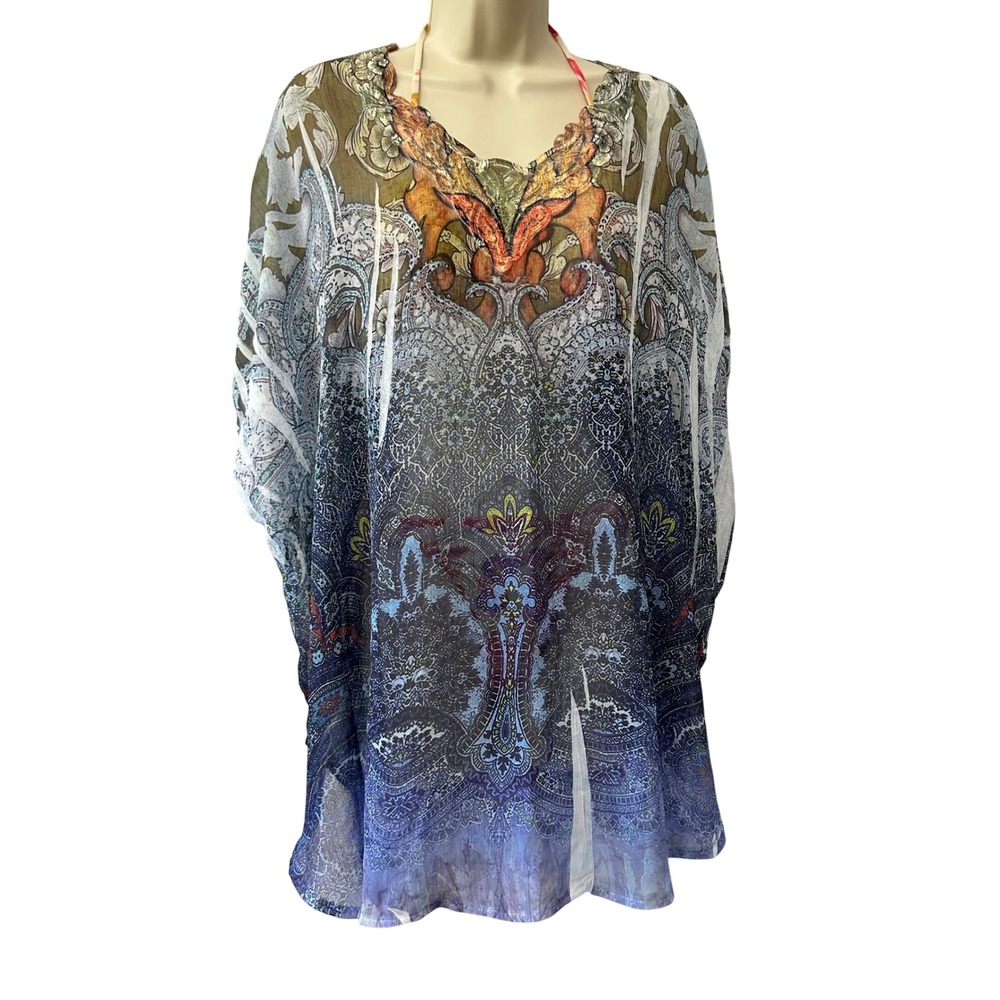 Talia Womens Paisley Butterfly Kaftan Sheer Cover Up Top Blue Brown Size L
